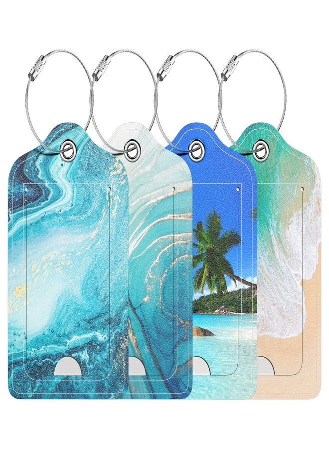Hsxnam 4 Pack PU Leather Luggage Tags for Suitcase, Travel Cruise Luggage Tag with Privacy Flap, Name ID Label and Metal Loop for Women Men Baggage Handbag School Bag Backpack, Beach - Image 1